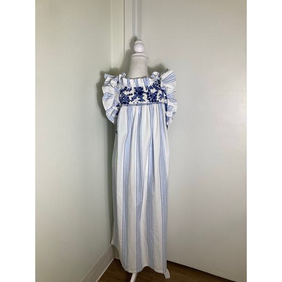 Mi Golondrina Blue And White Striped Embroidered Maxi Dress Sz XL - Picture 2 of 3